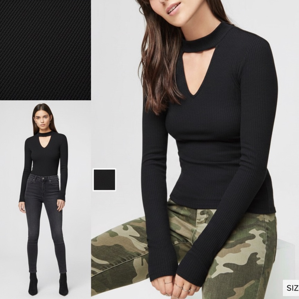 Express Black Ribbed Long Sleeve Keyhole Mock Neck Top S